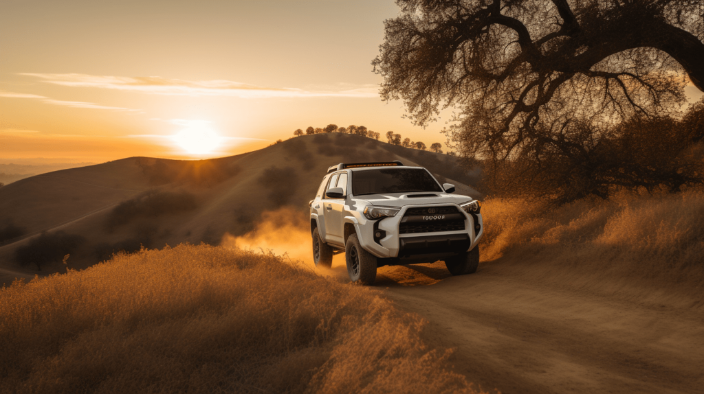 toyota avec suspension kdss conduisant sur un sentier avec le coucher du soleil